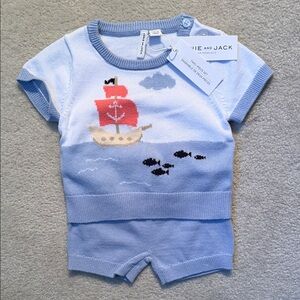 Janie and Jack Light Blue Knit Sailboat Summer Two-Piece Set